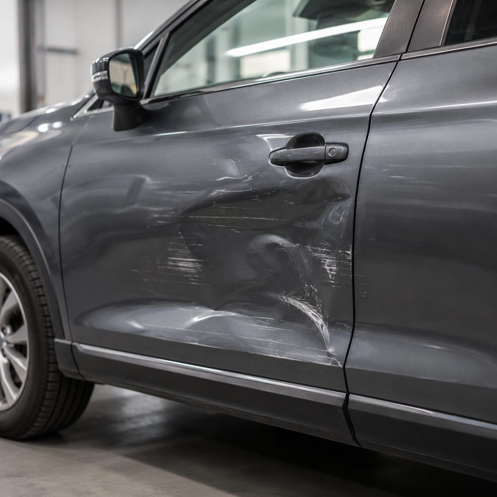 Damaged body panel before repair