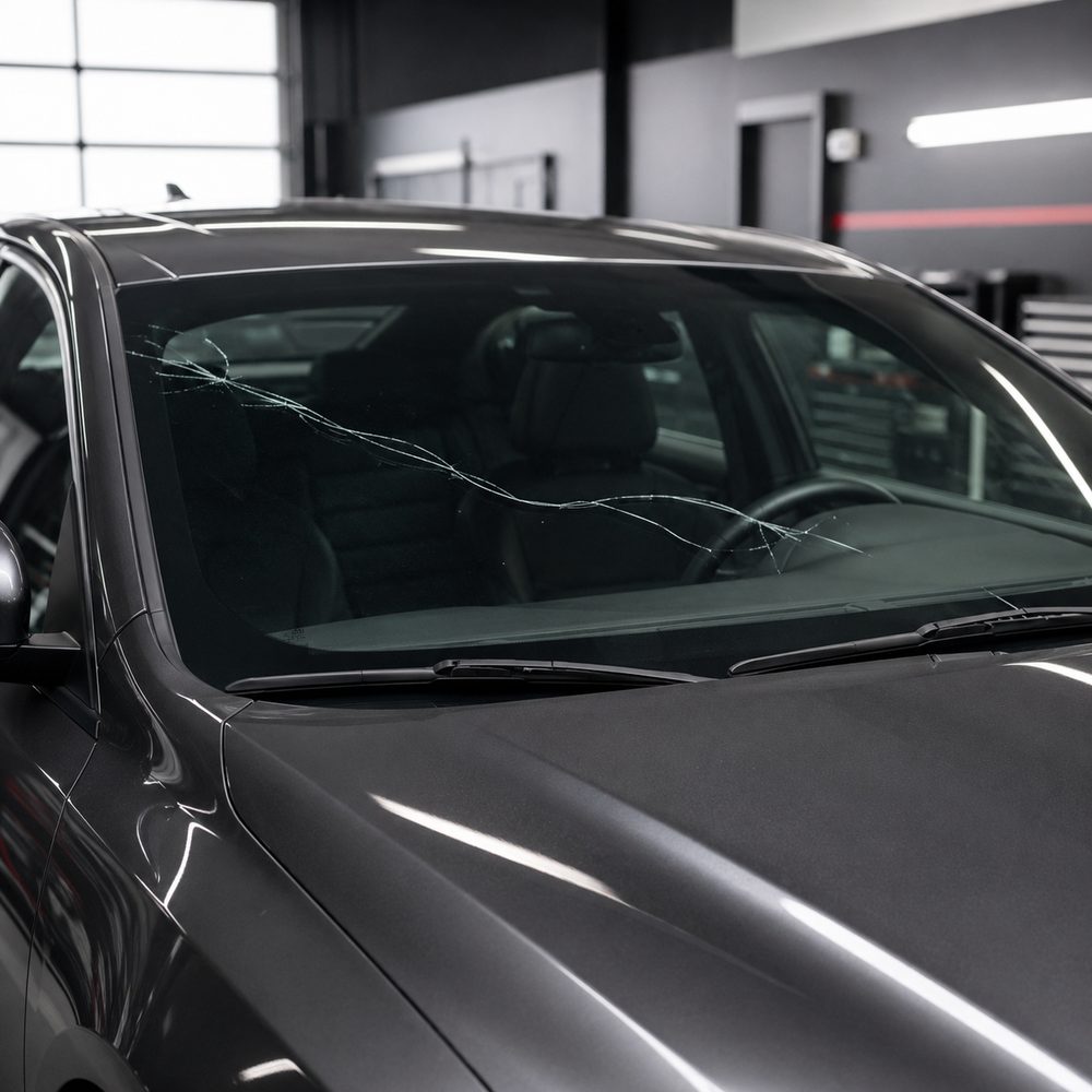 Cracked windshield before replacement