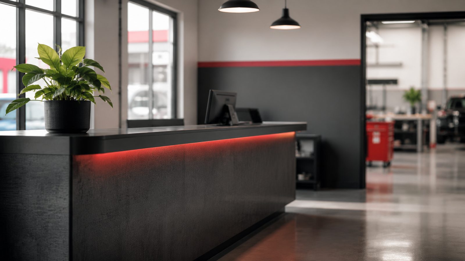 Welcoming reception area of an auto body shop